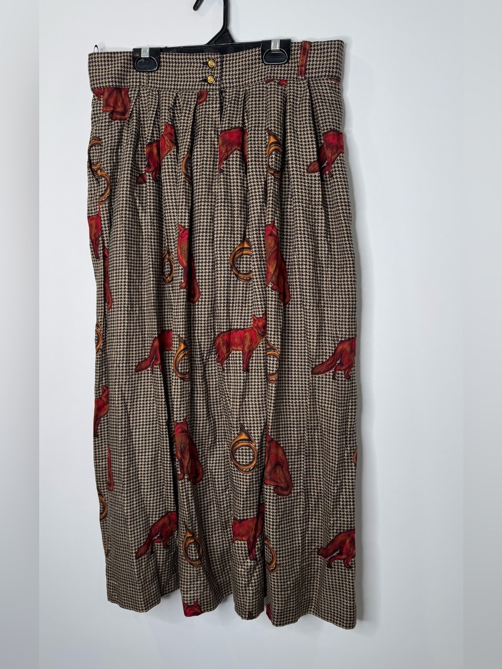 Vintage Fox Print Houndstooth twee Midi Skirt Equestrian Academia sz 14 - Picture 3 of 8